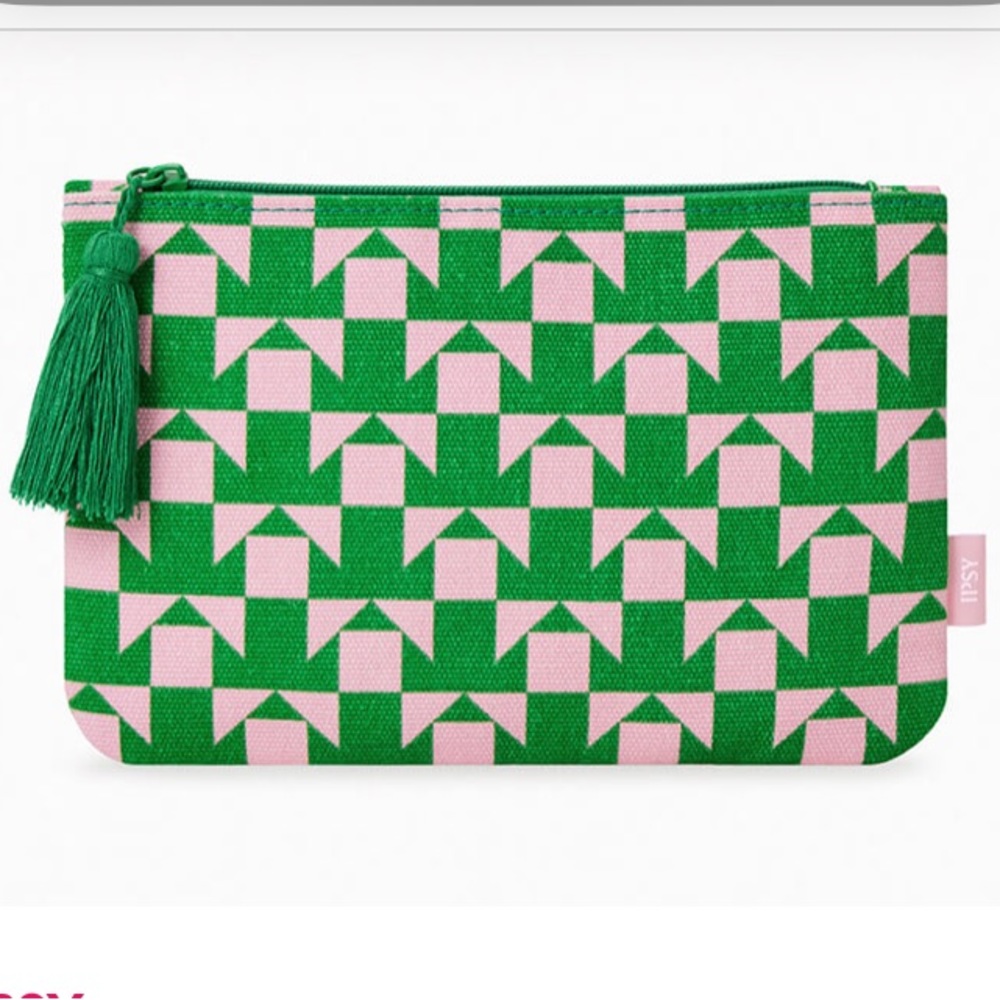 Ipsy green and pink geometric makeup bag with green tassel